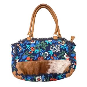 Myra Bag Beatific Shoulder Lined Upcycled Floral Canvas Leather Hair On Shoulder